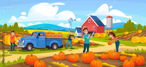 Pumpkin patch Cartoon vector illustration. Harvest season or Thanksgiving concept with happy people picking pumpkins. Rural countryside landscape design with red barn, fall landscape, pumpkins.