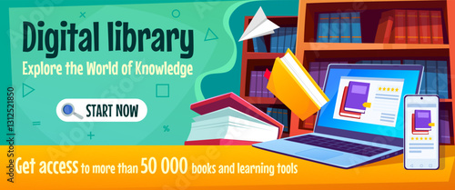Online library cartoon banner or poster concept with a laptop, a smartphone, and an array of colorful books. Vector illustration design template for online education and digital resources