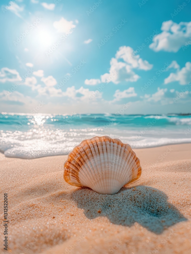 Unique seashell resting on sandy beach under bright sky and sunlight during daytime Unique seashell resting on sandy beach under bright sky and sunlight during daytime