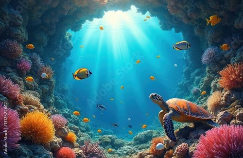 Fototapeta Naklejka Na Ścianę i Meble -  Underwater marine life with sea turtle, coral reef and colorful fish. Tropical ocean with sun rays. Snorkeling, aqualung. Exotic dive in deep blue caribbean sea depth. Aquatic aquarium life.