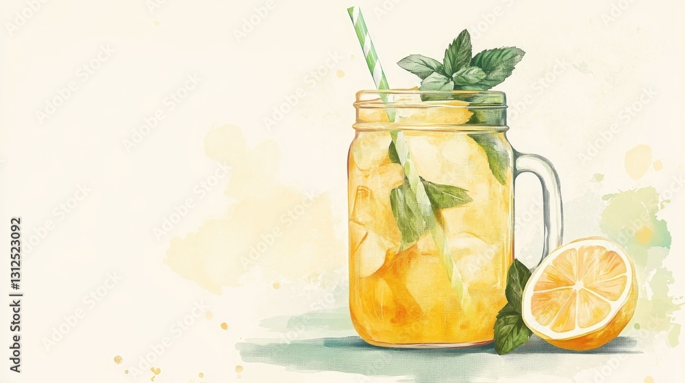 Fototapeta premium Refreshing Lemonade in Mason Jar with Mint Leaves and Ice Cubes on Soft Watercolor Background