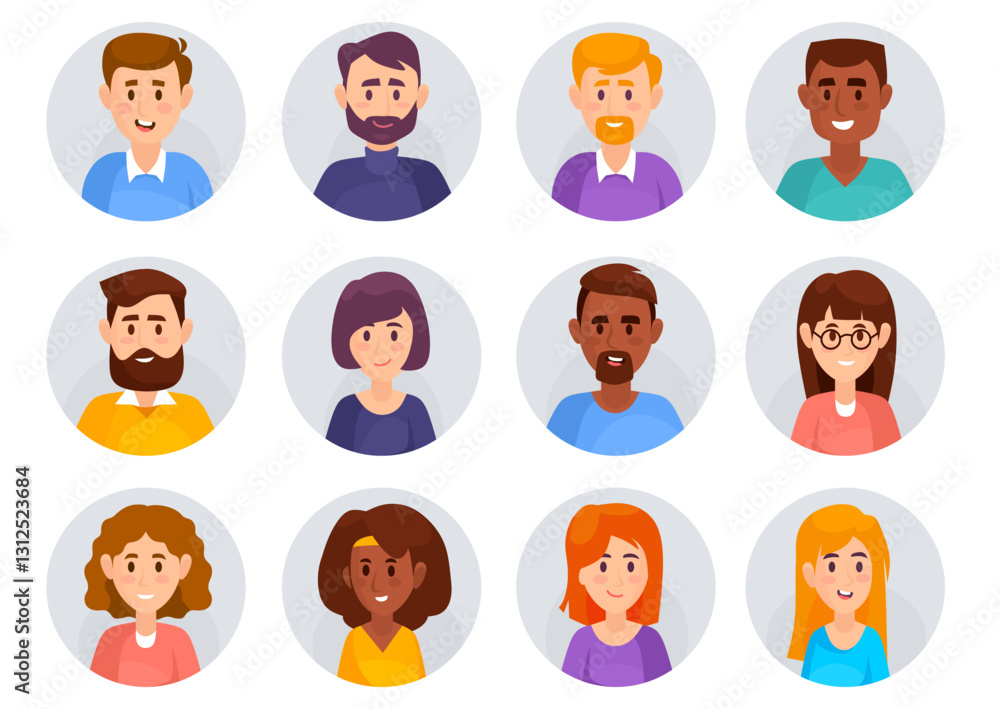 Cartoon vector illustration of diverse people avatar portraits. Set of user profile icon in round frames showing various expressions and hairstyles. User avatar for web site, application, game etc Cartoon vector illustration of diverse people avatar portraits. Set of user profile icon in round frames showing various expressions and hairstyles. User avatar for web site, application, game etc