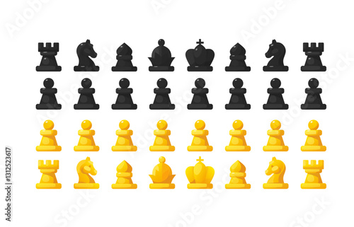 Cartoon vector illustration of chess pieces in black and gold with various shapes isolated on white background. Chess game figure elements for online game, icon, clipart, print etc.