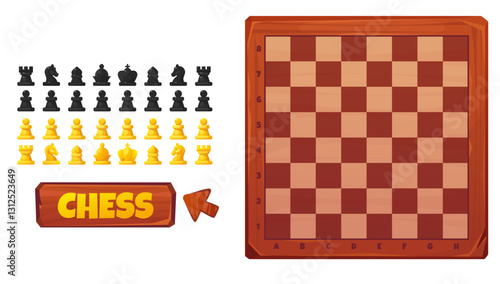 Cartoon vector illustration of a colorful chessboard setup with black and gold pieces ready for a classic game. Chessboard in a warm wooden frame with button isolated on white background for games, ui