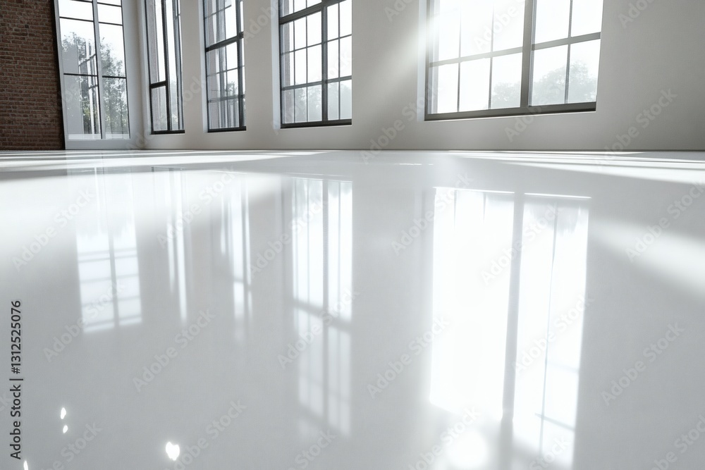 Obraz premium Sunlit Minimalist Interior with Polished Floor and Large Window Reflections