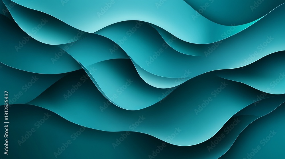 Fototapeta premium deep teal and cyan abstract design with overlapping waveforms and glowing highlights, sleek and futuristic, artistic and high-tech composition