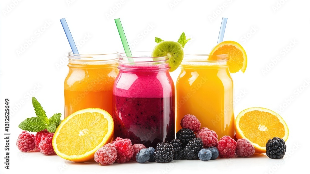 Fresh and Colorful Fruit Juices in Glass Jars Surrounded by Assorted Berries and Citrus Fruits on a White Background Fresh and Colorful Fruit Juices in Glass Jars Surrounded by Assorted Berries and Citrus Fruits on a White Background