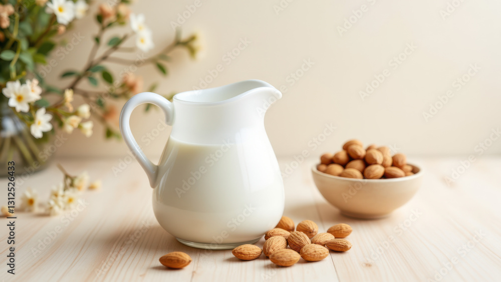 A wooden table holds a pitcher of milk and a bowl of almonds with scattered individual nuts around them. A wooden table holds a pitcher of milk and a bowl of almonds with scattered individual nuts around them.