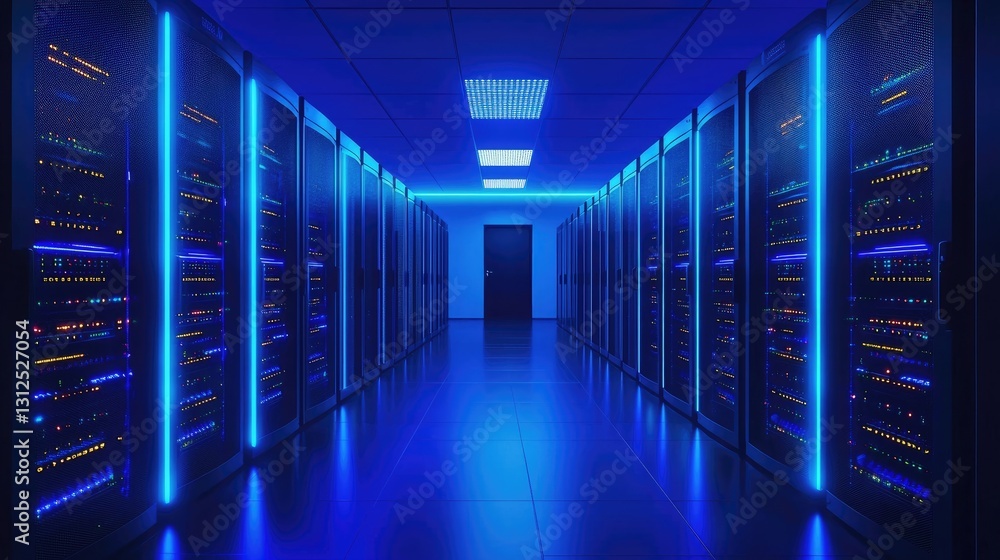 A futuristic data center with blue-lit server racks, symbolizing cloud computing, cybersecurity, and digital infrastructure. Ideal for IT, networking, and data storage solutions A futuristic data center with blue-lit server racks, symbolizing cloud computing, cybersecurity, and digital infrastructure. Ideal for IT, networking, and data storage solutions