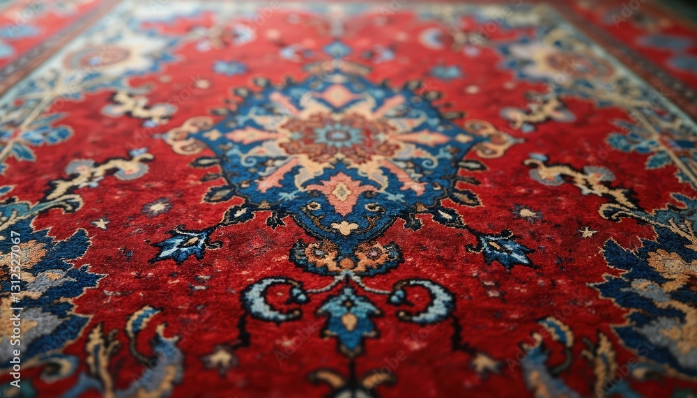 Close-up of old red Persian carpet. Rich detailed texture, traditional eastern design with floral ornament, arabesque patterns. Turkish ornamental rug with ethnic tribal motives. Antique tapestry Close-up of old red Persian carpet. Rich detailed texture, traditional eastern design with floral ornament, arabesque patterns. Turkish ornamental rug with ethnic tribal motives. Antique tapestry
