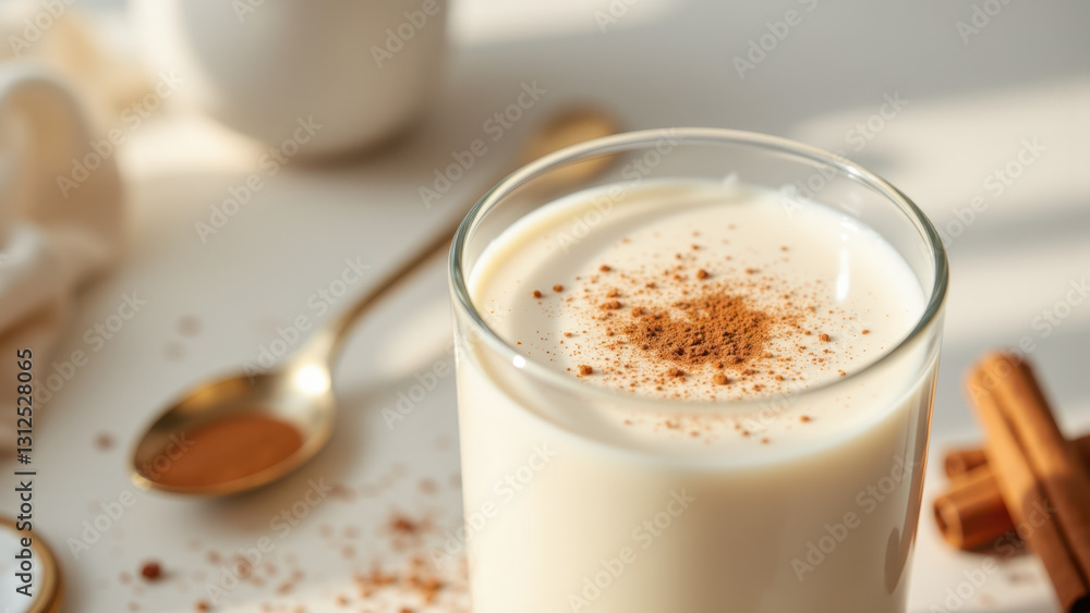 Warm glass of milk with cinnamon on top. Warm glass of milk with cinnamon on top.