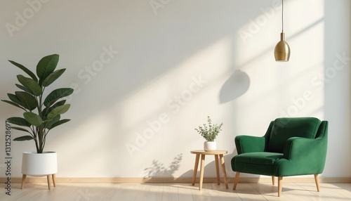 Fototapeta Naklejka Na Ścianę i Meble -  Minimal living room interior with green armchair on white wall background. 3D render of modern apartment, plant, and small table. Cozy design, natural light, and wooden floor create comfortable space.