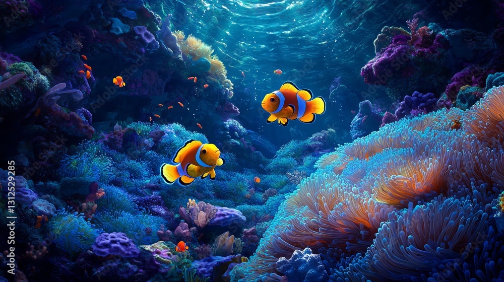Obraz premium Two clownfish peer out from the depths of a vibrant blue anemone.