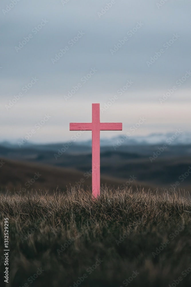 Easter Holiday, Easter Concept, Pink Wooden Cross in Grassy Hilltop Landscape Serene Nature Scene Easter Holiday, Easter Concept, Pink Wooden Cross in Grassy Hilltop Landscape Serene Nature Scene