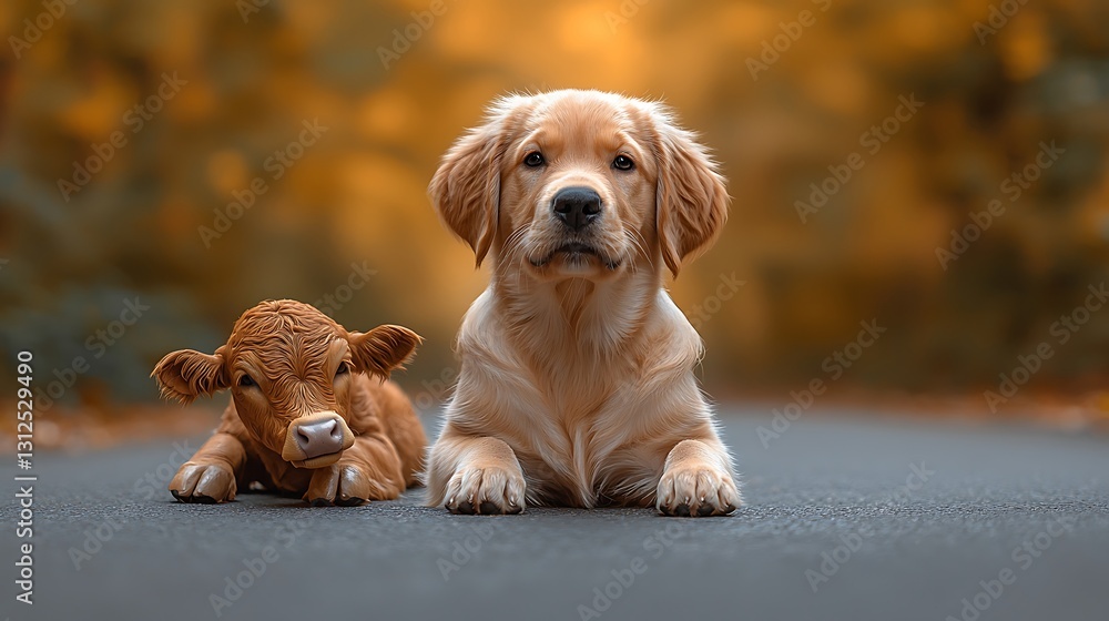 Puppy, calf, autumn road, friendship Puppy, calf, autumn road, friendship