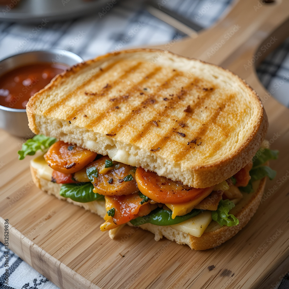 High-Angle Close-Up of Crispy Grilled Vegetable Sandwich with Tomato Sauce on Wooden Board, Natural Lighting, Casual Meal Presentation High-Angle Close-Up of Crispy Grilled Vegetable Sandwich with Tomato Sauce on Wooden Board, Natural Lighting, Casual Meal Presentation
