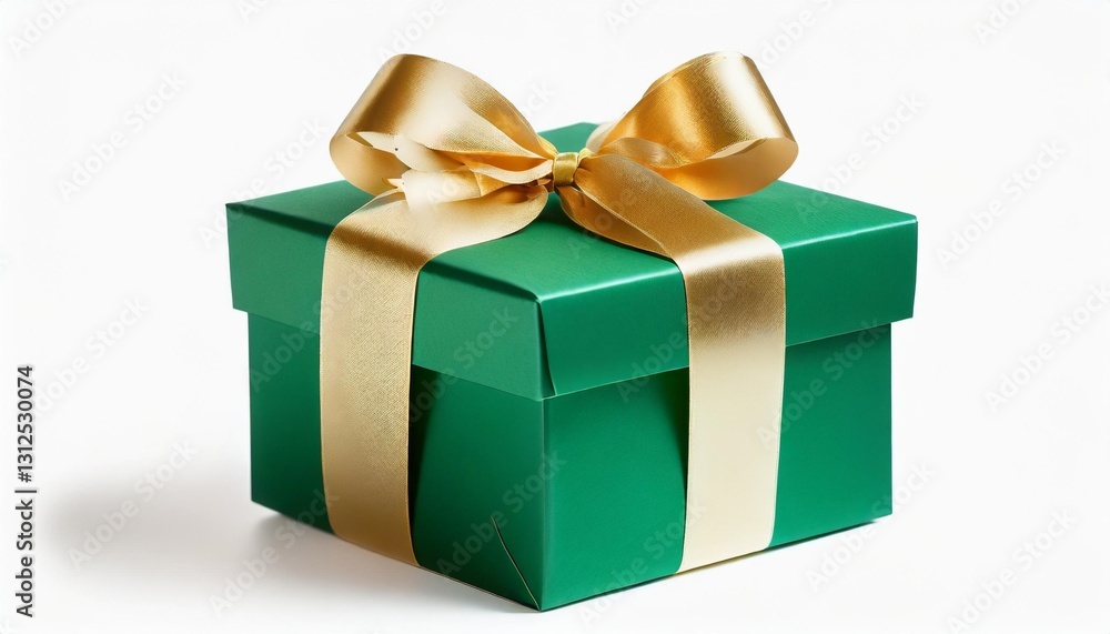 Obraz premium Green Gift Box with Gold Bow and Ribbon Elegantly Isolated on a White Background
