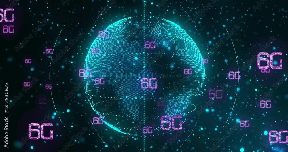 Digital globe with 6G text animation over glowing network connections Digital globe with 6G text animation over glowing network connections