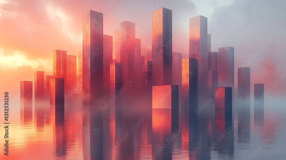 The modern cityscape reflecting in a serene and smooth water surface The modern cityscape reflecting in a serene and smooth water surface