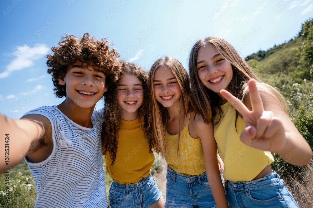 Joyful selfie with friends: A group of teenagers beaming with happiness, taking a cheerful selfie under a bright blue sky, embodying the spirit of friendship and youthful energy.