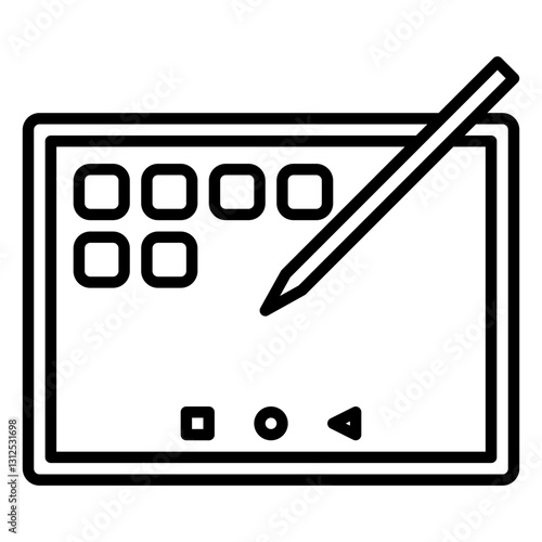 Minimalist outline tablet with stylus icon, representing digital drawing, touchscreen interaction, and creative technology. Ideal for UI/UX, design, and modern computing concepts.