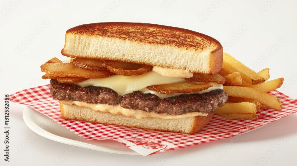 Delicious grilled burger sandwich with crispy potatoes and golden fries served on checkered plate Delicious grilled burger sandwich with crispy potatoes and golden fries served on checkered plate