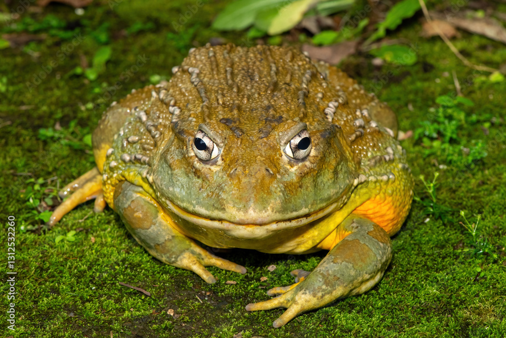 Fototapeta premium A beautiful giant bullfrog (Pyxicephalus adspersus), also known as the South African burrowing frog, or African bullfrog