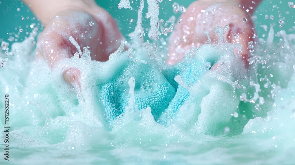 Fototapeta premium Close-up of Hands Holding a Soapy Sponge in a Splash of Bubbles Against a Soft Aqua Background for Cleaning Concepts
