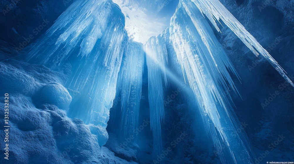Obraz premium Stunning icy landscape with towering ice walls in shades of blue, illuminated by the sun's rays.
