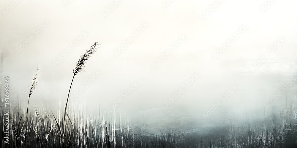 Obraz premium Misty morning, tall grasses emerge from fog, serene landscape