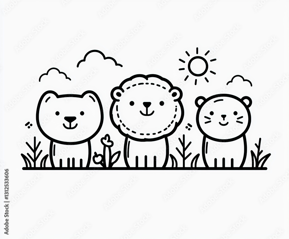 A day at the zoo with animals enjoying spring sun, coloring page for kids, simple outline illustration. Coloring book.