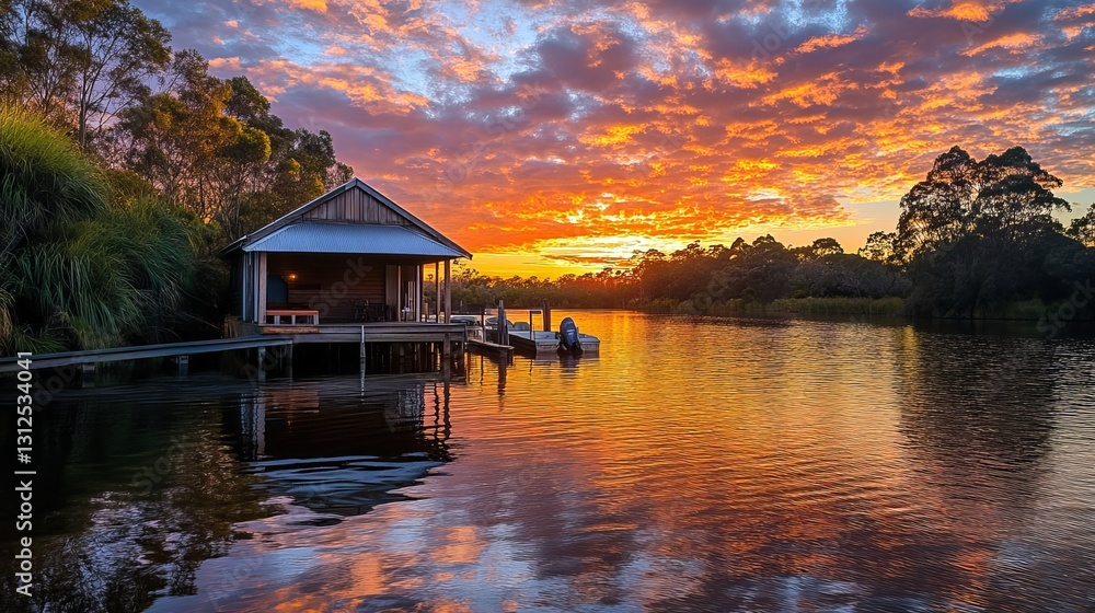 Fototapeta premium Sunrise over a boathouse on a river in Perth, Western Australia.