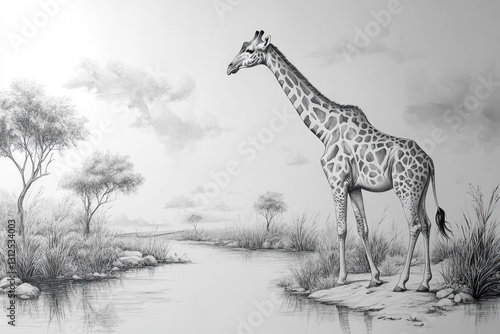 A detailed etching of a gir...