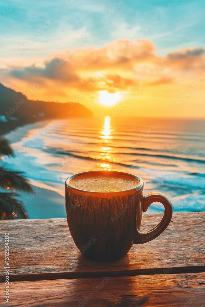 Enjoying a warm drink while watching the sunrise over the ocean from a beachfront location in a tranquil setting Enjoying a warm drink while watching the sunrise over the ocean from a beachfront location in a tranquil setting