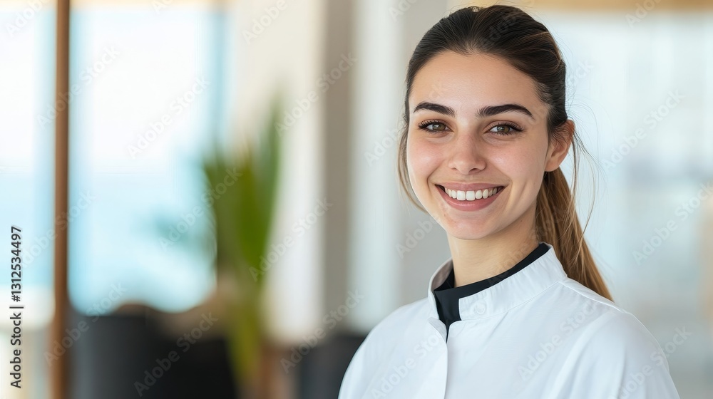 Smiling woman in white uniform with a bright background in a modern professional setting Smiling woman in white uniform with a bright background in a modern professional setting