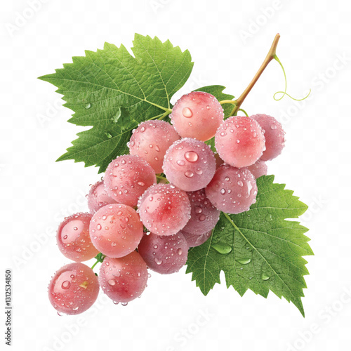 abstract 3d fresh organic  grapes cluster with water droplets and green leaf isolated on pure white background 