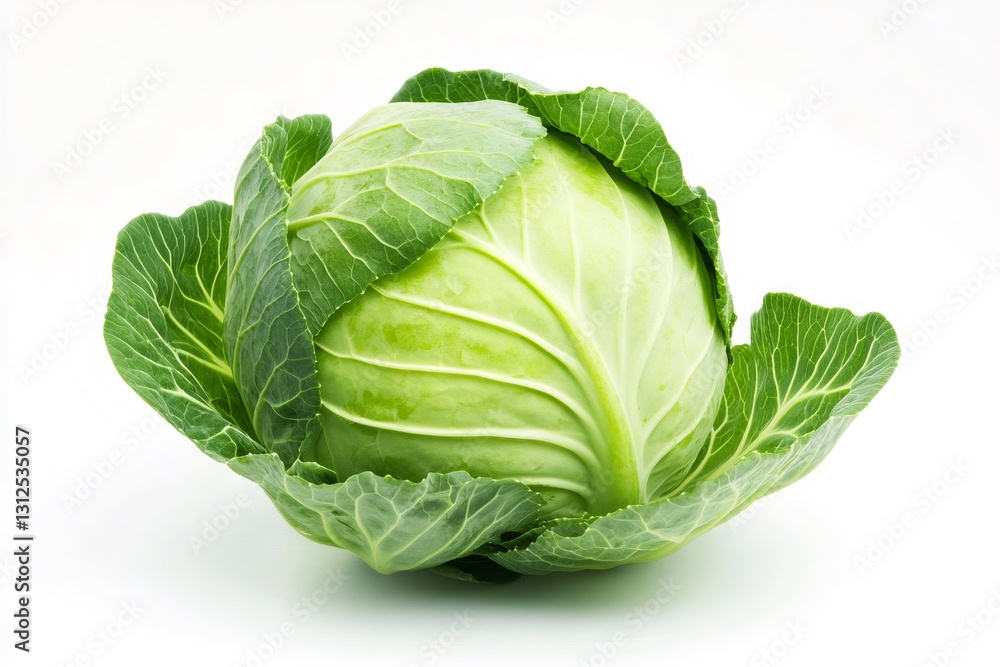 Green cabbage with vibrant leaves, isolated on white, promotes healthy eating and farm fresh ingredients Green cabbage with vibrant leaves, isolated on white, promotes healthy eating and farm fresh ingredients