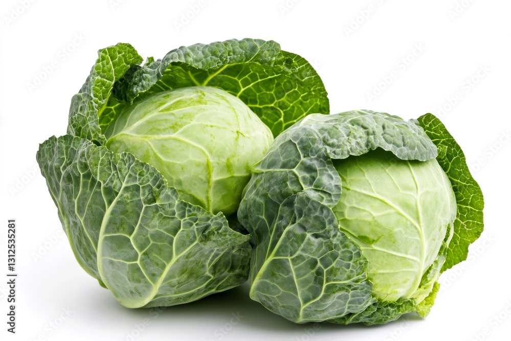 Obraz premium Three fresh savoy cabbages with vibrant green leaves sit on a clean white background, ready for culinary use