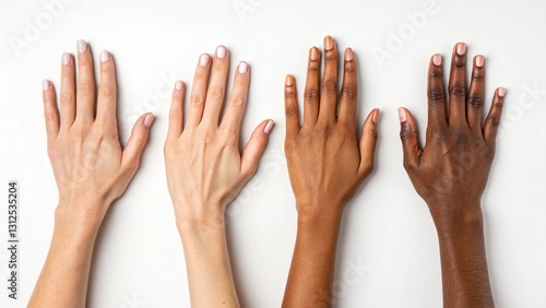 Diverse hands of different skin tones displayed side by side on a light background, highlighting uniqueness and unity among individuals