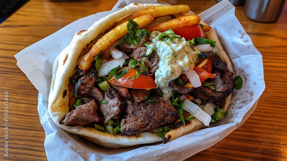 Delicious gyro wrap with meat, sauce, and fries on a wooden table Delicious gyro wrap with meat, sauce, and fries on a wooden table