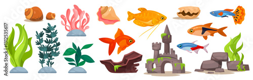 Colorful vector illustration set of aquariums, fish and aquatic plants for decorative, educational materials, children's books, digital projects related to marine life.