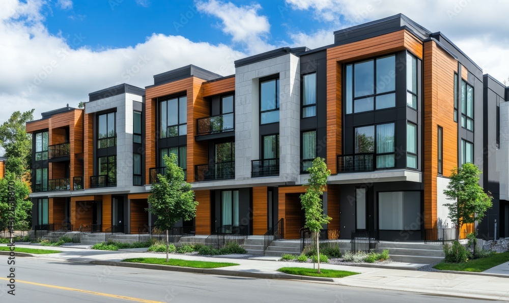 Modern modular private townhouses. Residential minimalist architecture exterior. Modern modular private townhouses. Residential minimalist architecture exterior.