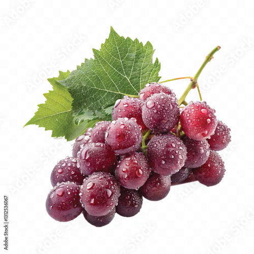 abstract 3d fresh organic  grapes cluster with water droplets and green leaf isolated on pure white background 