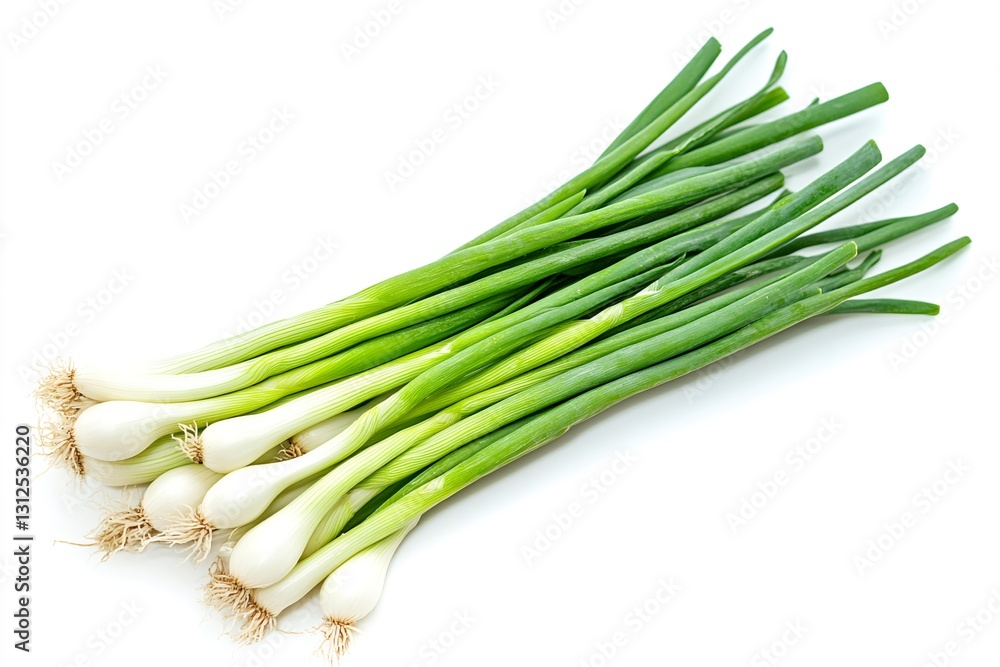 Freshly harvested green onions, vibrant and ready for culinary use, resting on a clean white backdrop Freshly harvested green onions, vibrant and ready for culinary use, resting on a clean white backdrop