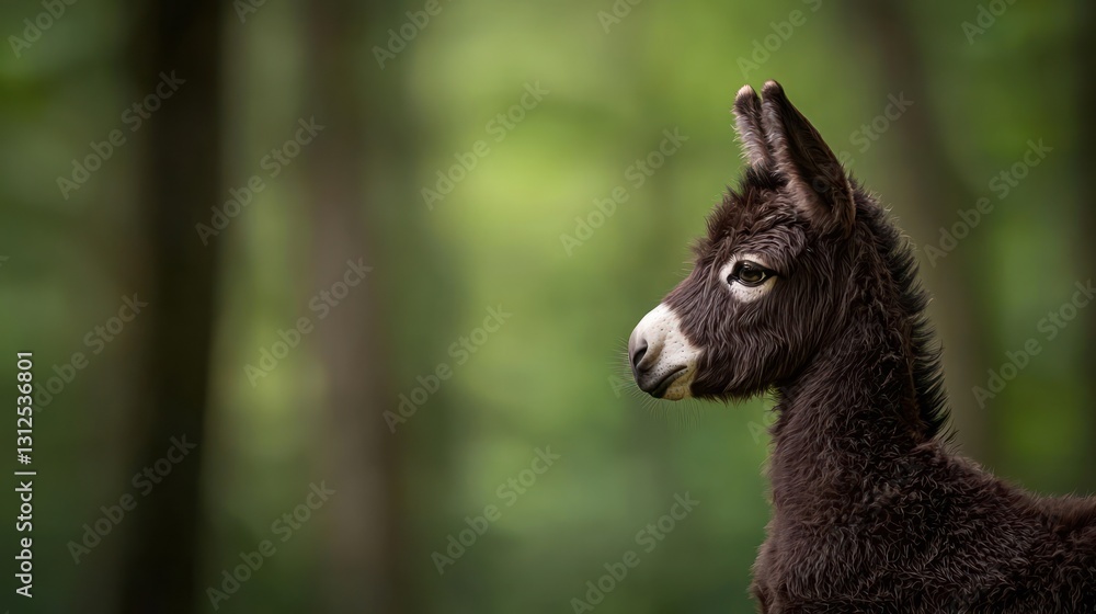 Obraz premium Dark Brown Miniature Donkey Foal in Lush Green Forest