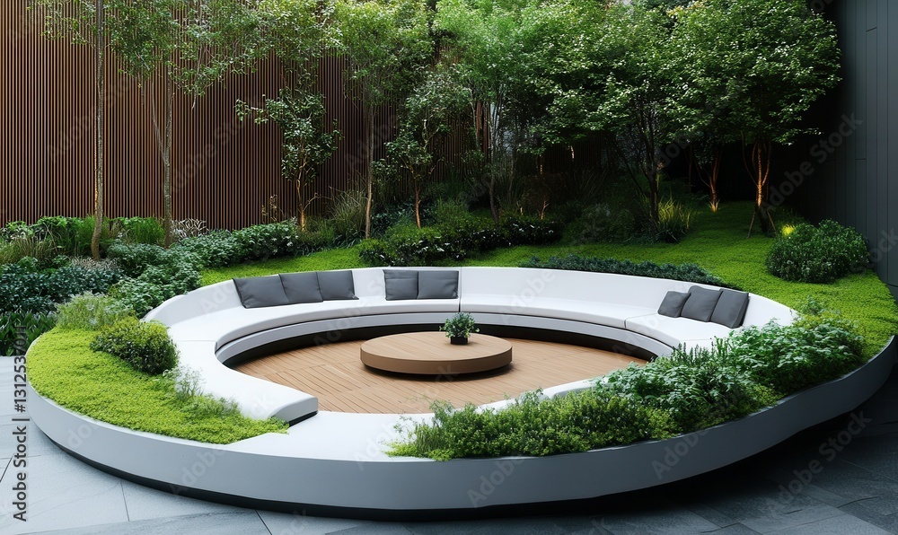 Modern outdoor lounge with greenery and circular seating arrangement. Modern outdoor lounge with greenery and circular seating arrangement.