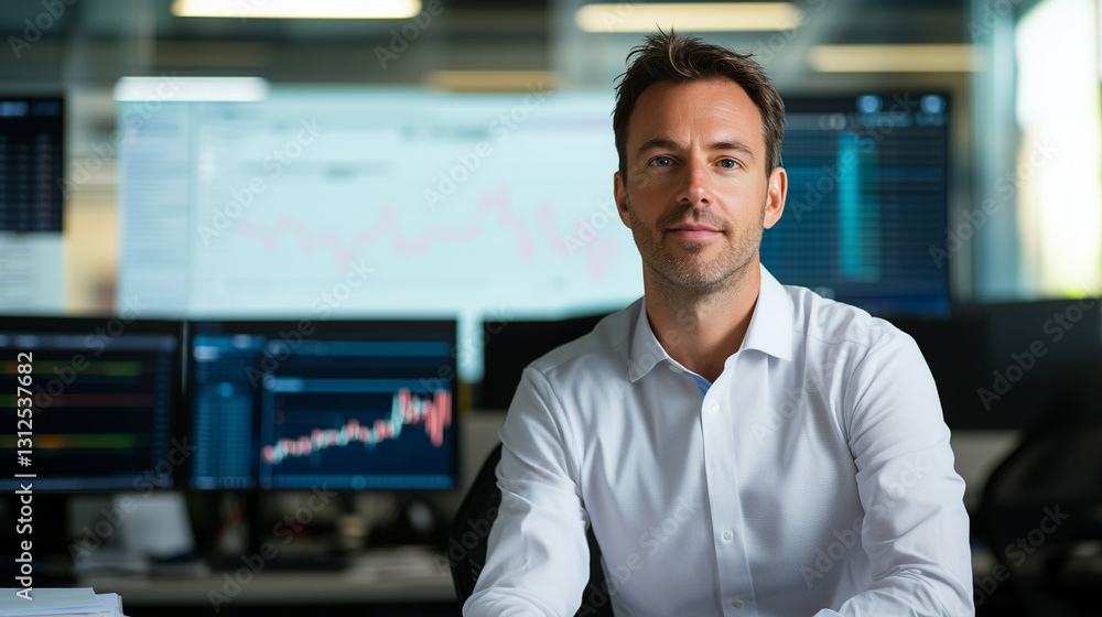 Innovative Trader in High-Tech Workspace Managing Analytics Innovative Trader in High-Tech Workspace Managing Analytics