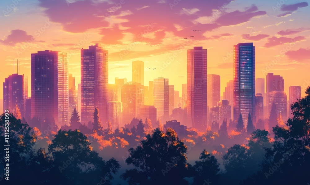 Obraz premium Modern urban landscape with trees and skyscrapers at sunset