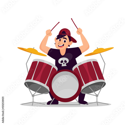 Cartoon vector illustration of a cheerful drummer playing a red drum set isolated on white background. A young drummer in a casual outfit energetically playing drums. Design for music-related projects