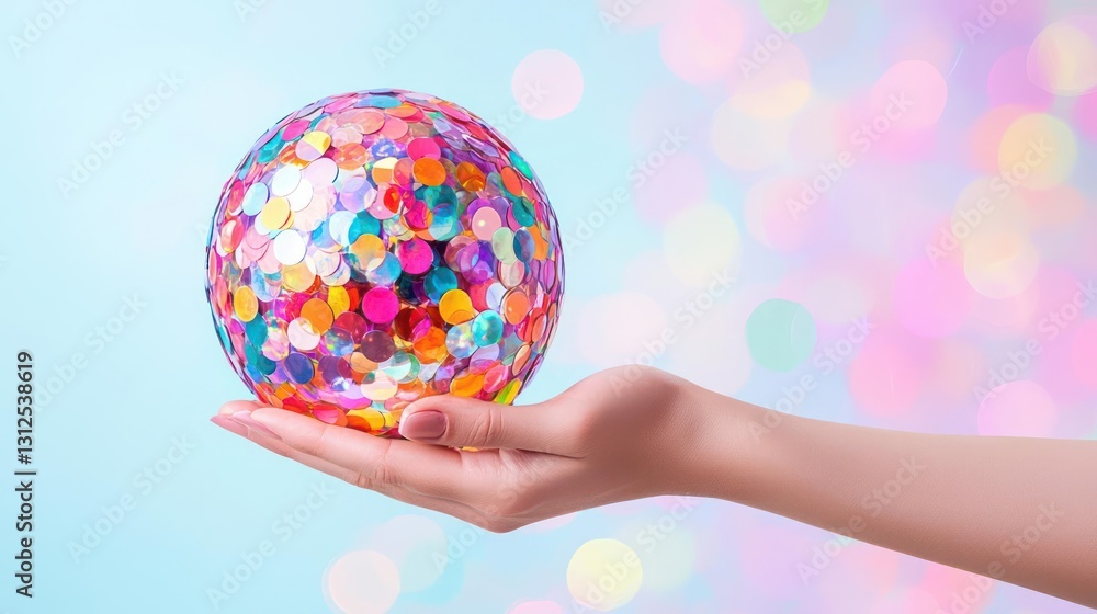 Hand Holding Colorful Confetti Ball Against Pastel Background Hand Holding Colorful Confetti Ball Against Pastel Background